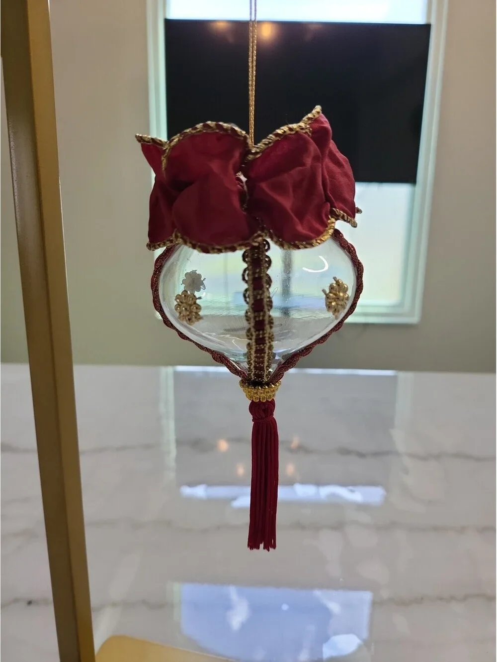 Vtg Glass Handmade Finial Christmas Ornament Glass 6” OOAK Burgundy & Gold